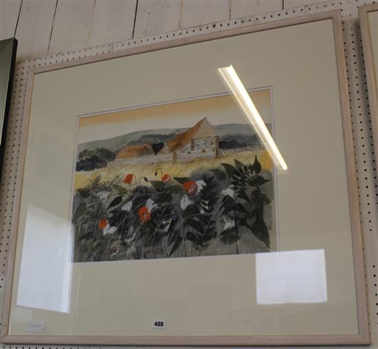 Framed Robert Tavener landscape print of a barn & poppies